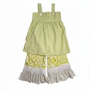 Persnickety Girls Size 5 Outfit Set Lime Green Stripe Dress & Floral Ruffle Pant